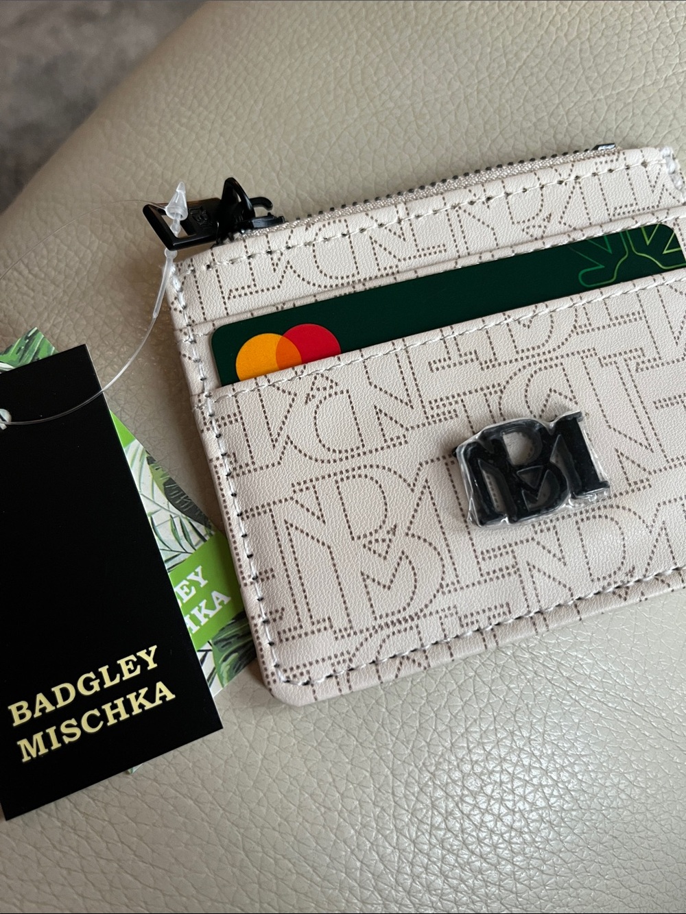 Badgley Mischka Cream Monogram Card Wallet with Black Logo- holds cards & cash !